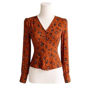 Nicholas - Silk Leopard Print Blouse Rust Orange Long Sleeve Button Front Sz 6